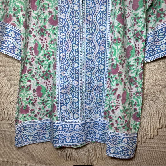 SZ BLOCKPRINTS green / pink floral 3/4 sleeves cotton tunic top M - Picture 3 of 10